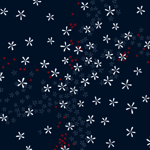 Lots of tiny hand-drawn flowers in white, red and blue on a dark blue background.