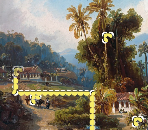 A landscape painting showing a plantation in the forest. Yellow design elements overlay the image and mark different parts.