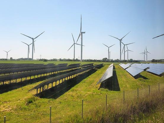 Das Bild zeigt ein grünes Feld mit Photovoltaikanlage und Windrädern im Hintergrund.
