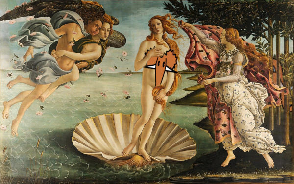 botticellis venus
shows a naked young woman in a sea shell, covering her genitals 

to the left a man with wings carrying a woman and blowing at venus. all that while hovering. remark: quite the busy beaver, isnt he? did someone just say beaver?
on the right of venus is a dressed lady, with fabric, not sure if she wants to catch the breath of hoverman on the right or put the fabric over venus who is naked.