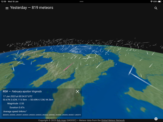 Screenshot of the 3D MeteorGlobe app showing meteors detected over the UK