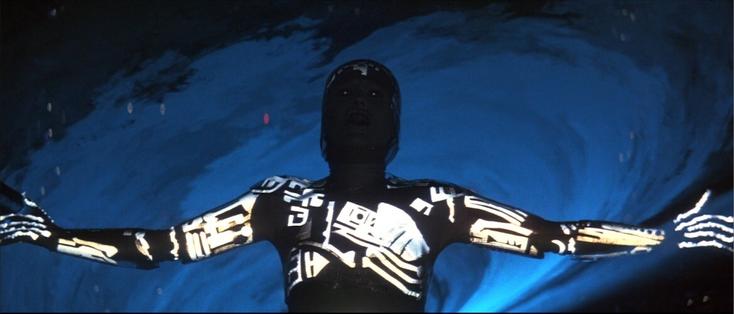 Tron like costume in black light.