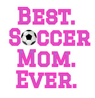 Soccer Mom in pink with a soccer ball forming the "o" in Soccer