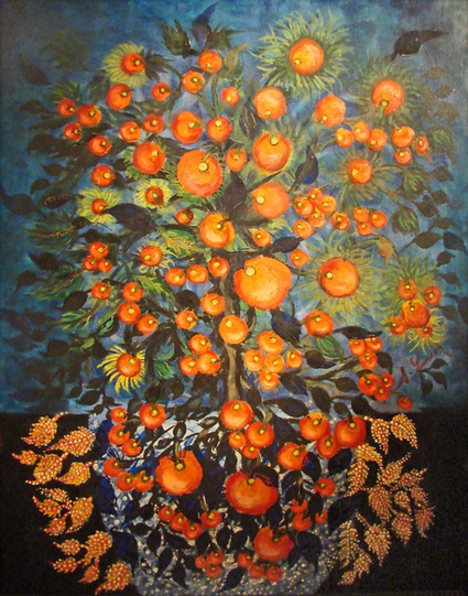 Séraphine Louis de Senlis. "Pommes aux feuilles" (c. 1928). Musée Maillol, Paris. 

An oil painting of several dozen vibrant orange fruit of varying sizes on a small tree, with fallen fruit and leaves on the ground beneath. 

From Wikipedia (Jan 2023):
"Séraphine Louis, known as Séraphine de Senlis (Séraphine of Senlis; 3 September 1864 – 11 December 1942), was a French painter in the naïve style. Self-taught, she was inspired by her religious faith and by stained-glass church windows and other religious art. The intensity of her images, both in colour and replicative design, is sometimes interpreted as a reflection of her own psyche, walking a tightrope between ecstasy and mental illness."