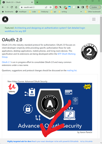 A screenshot of the Oauth.net/2/ web page with a advertising footer along the bottom.