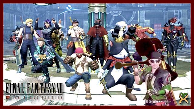 A group shot of avatars from the game Final Fantasy 7 The First Soldier, posing on a platform in a large, industrial room. The game logo and Kabbaway symbol are included.