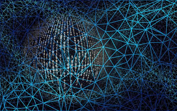 blue web over a black and white binary code background