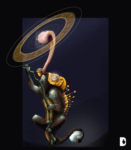 Steampunk Chameleon looking at the zodiac