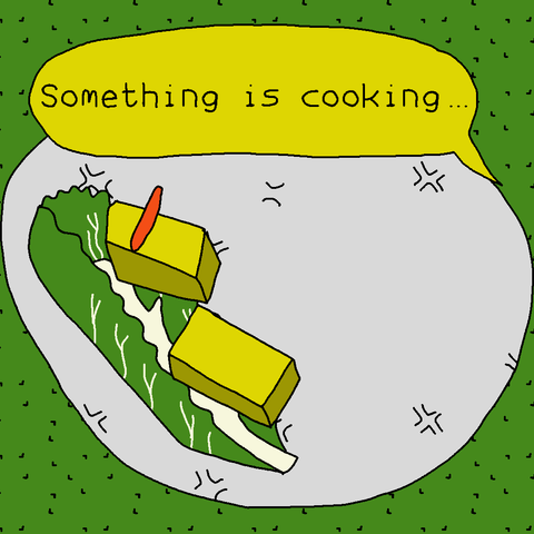 illustration of food with speech bubble: „something is cooking“
