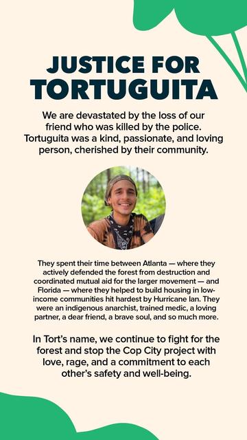 Poster version of Atlanta Community Press Collective statement. Top reads, "Justice for Tortuguita."