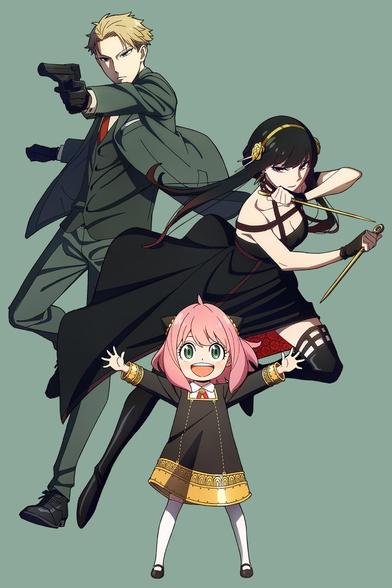 The three main characters of Spy Family stand in action poses against a plain background. Loid Forger points a gun offscreen, Yor Forger, in her assassin gear, bares her long thin blades in each hand, and Anya Forger has thrown her arms wide with an expression of joy.