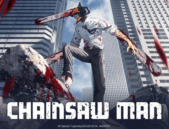 Denji, blood splattered and in his demon form, with chainsaws extending from his arms and one from his face, climbs city rubble while looking off to the side. Behind him loom skyscrapers, and below and in front of him rests the title of the show.
