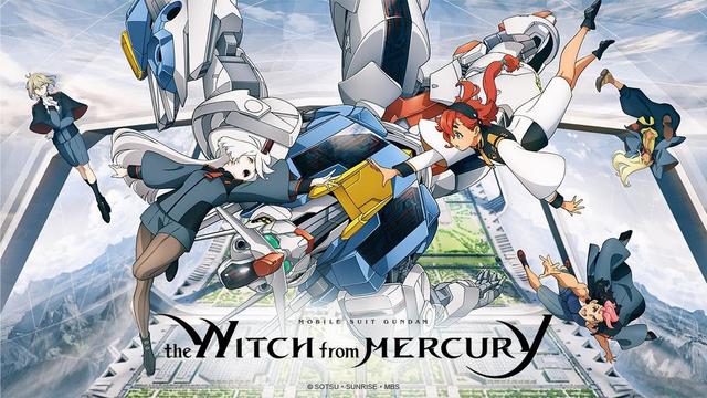 Miorine and Sulletta both appear to be either floating or falling through the air with the arms desperately outstretched toward one another. Behind them the Gundam Ariel also floats/falls, as does several supporting characters all around them.
The title rests at the bottom of the frame.