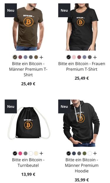 Screenshot eined Web Shops. Es gibt Bitcoin Fan-Artikel. Die Preise sind in Euro notiert.