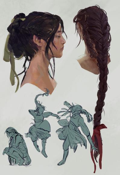 Side view of woman with braided hair tied up with a ribbon in a style inspired by traditional Korean hairstyles, back view of her very long braid down, and three doodles exploring what the hair looks in movement.