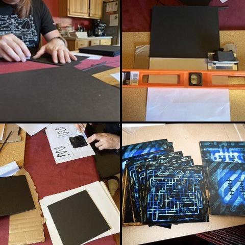 4 images of various stages of crafting a cover for a 7 inch record. Substrate and images spread out on a work table with a straight edge mat cutter and glue etc.
