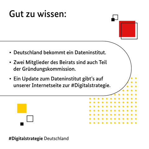 Auf der Grafik steht:
Gut zu wissen:
1. Deutschland bekommt ein Dateninstitut
2. Zwei Mitglieder des Beirats sind auch Teil der Gründungskommission
3. Ein Update zum Dateninstitut gibts auf unserer Internetseite zur Digitalstrategie