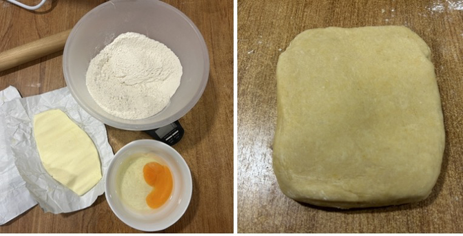 A double pic of salty pastry dough; on the right the finished product, on the left the ingredients: flour, butter, egg and water (and salt.)