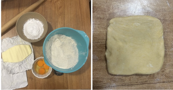 A double photo of sweet pastry dough; on the left the finished dough, on the left the ingredients: flour, butter, sugar, eggs.