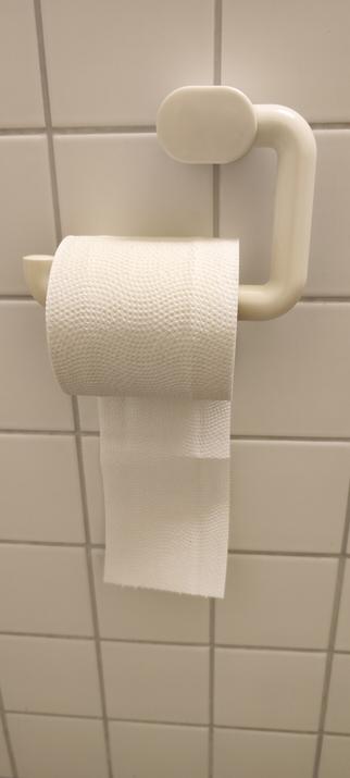 Weiße Kacheln, weißer Toilettenpapierhalter, Toilettenpapierrolle zur Wand hin abgerollt.