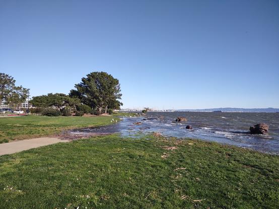 Pathway and green space flooded by San Francisco Bay during the extreme king high tide.
