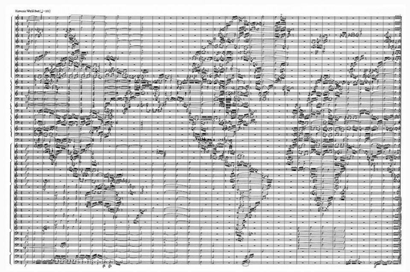 a world map made of sheet music