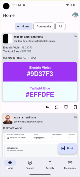 Screenshot of the app home timeline with a light theme