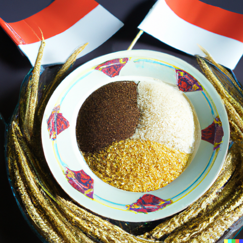 Creación de una Inteligencia Artificial que muestra un plato con tres triángulos de grano, uno de arroz, otro de trigo y otro de sorgo, con espigas alrededor de dicho plato y dos banderas de Indonesia en la parte superior de la imagen.