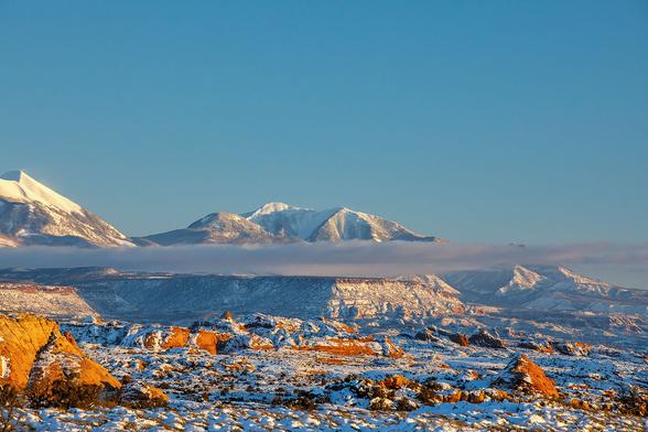 La Salle mountains in Utah as seen from Arches National Park near Moab, Utah.