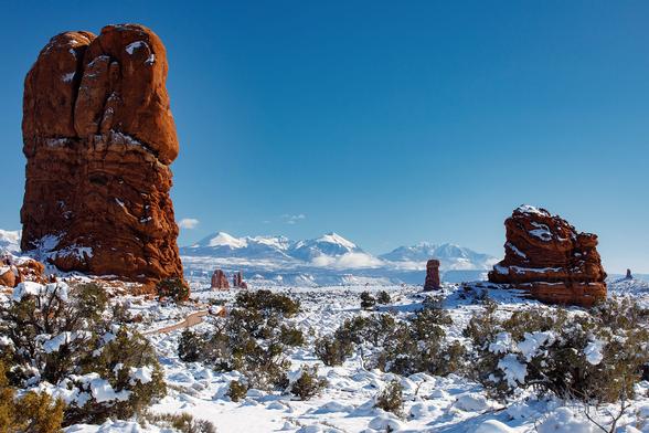 La Salle mountains in Utah as seen from Arches National Park near Moab, Utah.