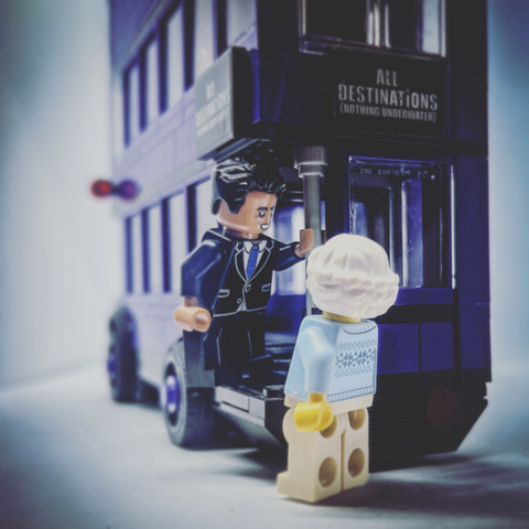 Photo of Lego Rishi Sunak in front of Lego old lady, who’s trying to get on a bus