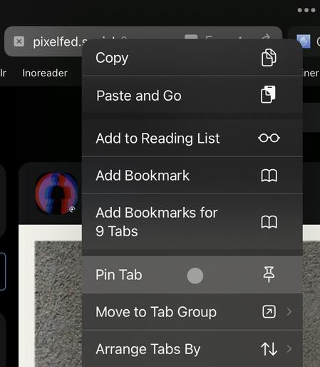 An example of right-clicking Safari on an iPad with the ‘Pin Tab’ option highlighted.