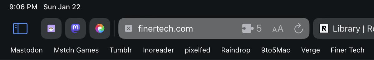 An example of three tabs pinned in the tab bar of Safari for iPad. The three tabs are my personal Mastodon account, my gaming account, and PixelFed.