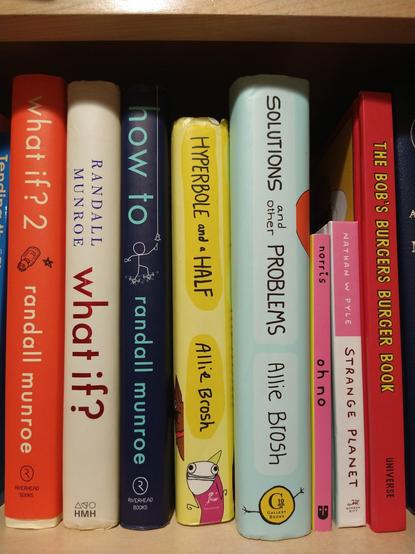 Close up of the bridges of books. 
- The Bob's Burgers Burger Book by Loren Bouchard and Bob's Burgers writers
- Strange Planet by Nathan Pyle
- oh no by Alex Norris
- Solutions and other Problems, and Hyperbole and a Half by Allie Brosh
- how to, what if?, and what if? 2 by Randall Munroe