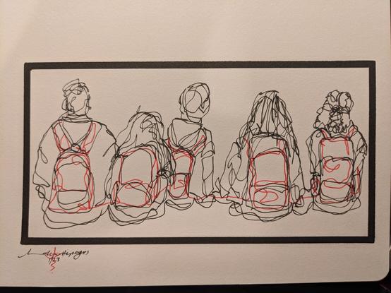 Black pen drawing of children wearing backpacks
