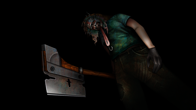 A disturbing woman in a horrible mask looks down at the camera with a giant razor-blade axe in her hand. A fishhook sticks through the mask's long, dangling tongue.