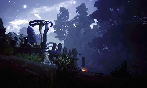 Screenshot from the game "Blacktail".
Night. 
Black Cat sits on a bench next to a fence and a broken wheel mounted to a giant bone - eyes glowing in the dark.  In the background forest, some clouds and stars in the sky.