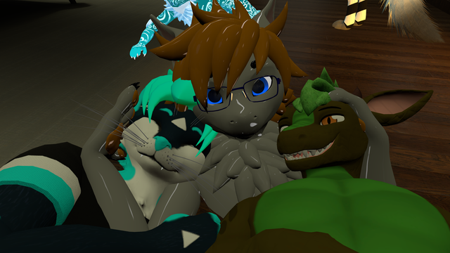 A fox (left), a shiny nardoragon (center) and a dragon (right, and yours truly) snuggling up together in vrchat.