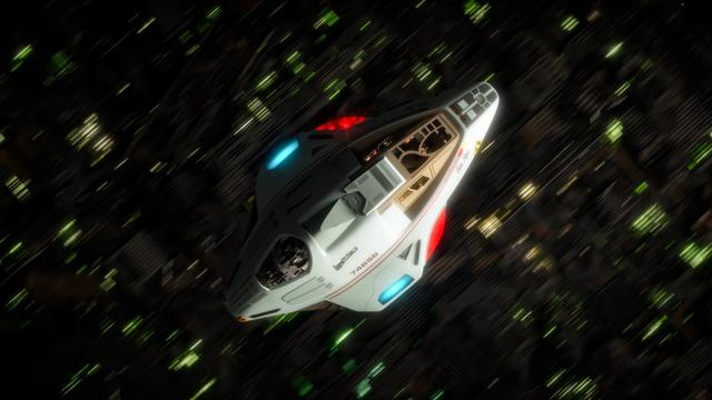 Delta Flyer (shuttle from Star Trek Voyager) flies diagonally over a motion blurred borg cube