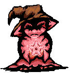 Goblin mage wearing a floppy wizard hat and robes. They are holding a glowing red object.