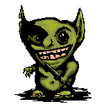 A naked lil goblin with a big toothy smile and a stabbing knife.