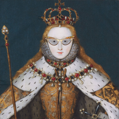 Collage of coronation portrait of Queen Elizabeth I, ca 1600, in full regalia, wearing gold cat-eye eyeglasses with small embedded jewels and light grey tint