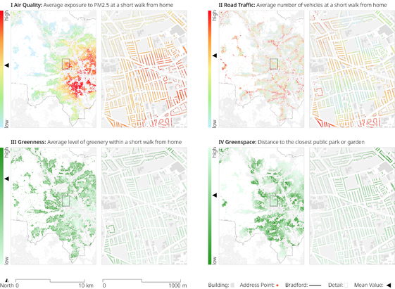 Visualisation of the selection of exemplary Environmental Exposures for the entire metropolitan district of Bradford and a detailed zoom-in on the Toller ward. Images include average exposure to PM 2.5, number of vehicles during the morning period, average level of greenery, and distance to the closest public park or garden. © OS and Crown copyright 2022.