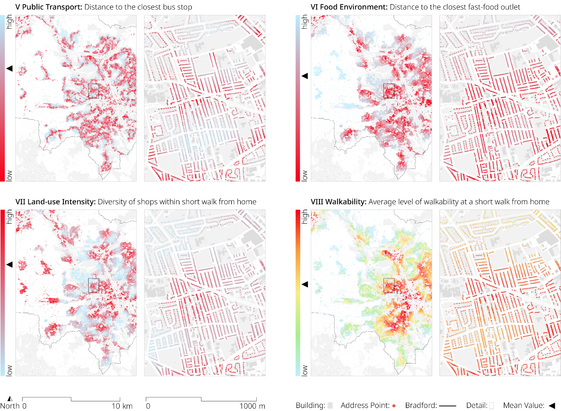 Visualisation of the selection of exemplary Environmental Exposures for the entire metropolitan district of Bradford and a detailed zoom-in on the Toller ward. Images include distance to the closest bus stop, distance to the closest fast-food outlet, diversity of shops, and average level of walkability. © OS and Crown copyright 2022.