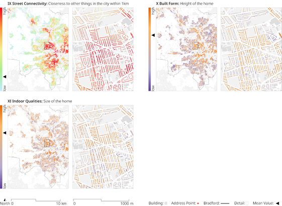 Visualisation of the selection of exemplary Environmental Exposures for the entire metropolitan district of Bradford and a detailed zoom-in on the Toller ward. Images include closeness to other things in the city,
height of the home, and size of the home. © OS and Crown copyright 2022.