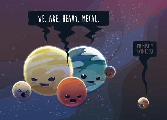 kawaii illustration of the four innermost planets as a violent band screaming "We are heavy metal" with Pluto smiling naively from the sidelines "I'm mostly hard rock"