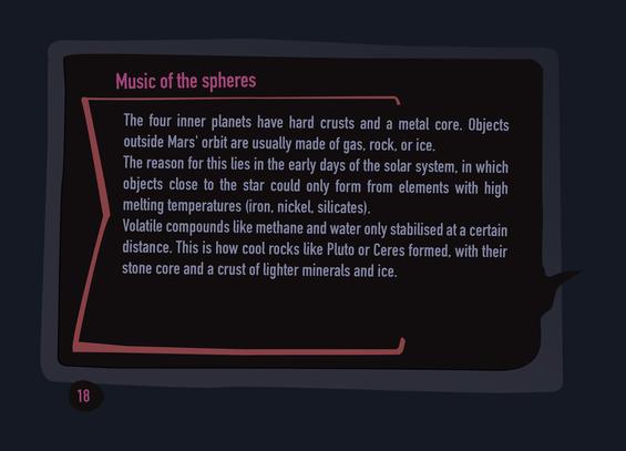 image text: The four inner planets have hard crusts and a metal core. Objects outside Mars' orbit are usually made of gas, rock, or ice. The reason for this lies in the early days of the solar system, in which objects close to the star could only form from elements with high melting temperatures (iron, nickel, silicates). Volatile compounds like methane and water only stabilised at a certain distance. This is how cool rocks like Pluto or Ceres formed, with their stone core and a crust of lighter minerals and ice.