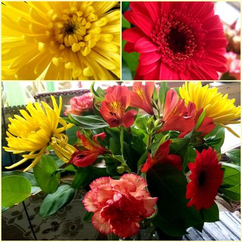 Photo collage of 3 pics - bright flowers in a bouquet.  Bright yellow, red & orange flowers.