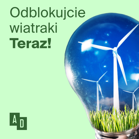 Żarówka wypełniona wiatrakami i hasło "Odblokujcie wiatraki Teraz!"