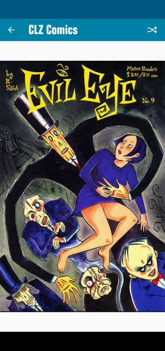 A thin creep in a black suit and matching top hat is grabbing Peculia who wears a blue dress and is surrounded by several disfigured individuals.